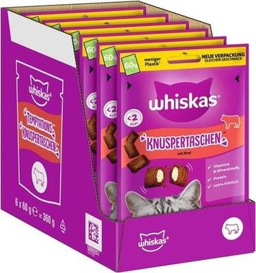 Whiskas Knuspertaschen Katzensnacks mit Rind 6 x 60g – Rind-Snacks für Katzen