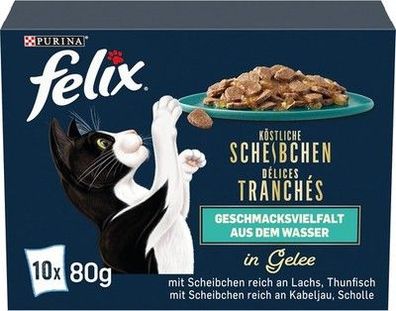 Felix Köstliche Scheibchen Katzenfutter nass in Gelee, (6 x 10 Beutel à 80g)