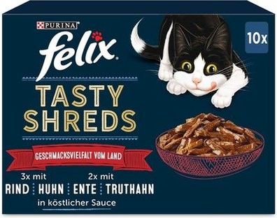 FELIX Tasty Shreds Katzenfutter nass in Sauce, vom Land, (6 x 10 x 80g) Katzen