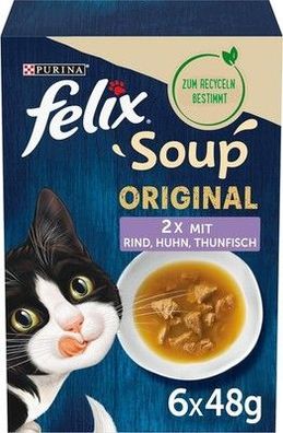 FELIX Soup, Suppe für Katzen mit zarten Stückchen Sorten-Mix (8x 6 Beutel à 48g)