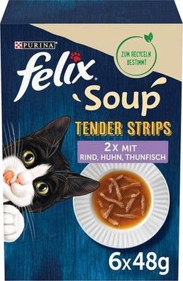 FELIX Soup Tender Strips, Suppe für Katzen, Gemischt, 8er Pack (8 x 6 à 48g)
