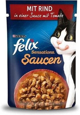 FELIX Sensations Saucen Katzenfutter nass, Rind in Sauce mit Tomaten (26 x 85g)