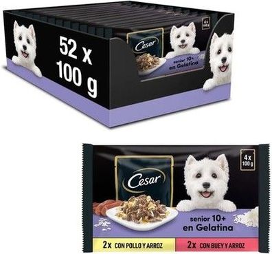 Cesar Senior 10+ Hundefutter Nassfutter in Gelee Huhn/Rindfleisch 13x (4 x 100g)