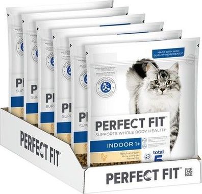 Perfect FIT Indoor Adult Trockenfutter Katzen ab 1 Jahr - Huhn, 750g (6 Beutel)