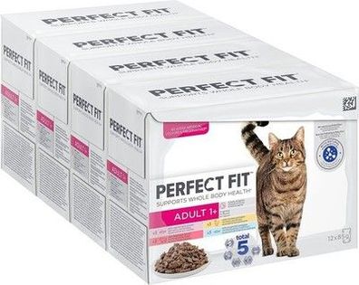 Perfect Fit Adult 1+ Katzennassfutter Lachs Fisch, Rind & Huhn 12x85g (4er Pack)