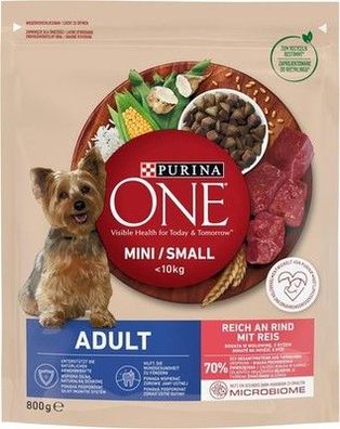 PURINA ONE Mini/Small Adult Hundefutter trocken für Hunde, Rind & Reis (8x 800g)