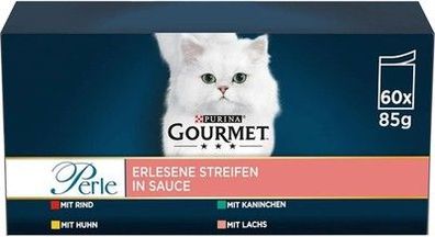 PURINA Gourmet Perle Erlesene Streifen Katzenfutter nass, Sorten-Mix (60 x 85g)