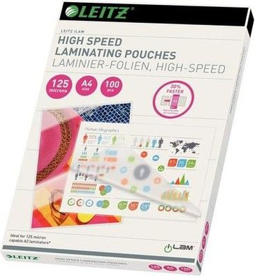 Leitz 100x Heißlaminierfolien Speed A4 125 mic, Laminierfolien, iLAM, 74810000