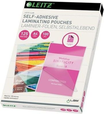 Leitz Selbstklebende Heiß-Laminierfolien A4 125 mic 100er Pack, Glänzend (16925)