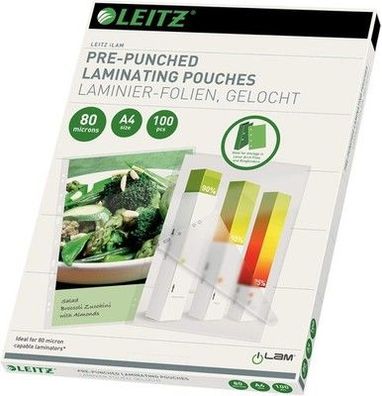 Leitz 100x Heiß-Laminierfolien A4 80 mic, mit Lochung für Ordner und Ringbücher