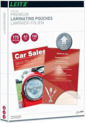 Leitz Heißlaminierfolien A3 175 mic Laminierfolien im 100er Pack, iLAM, 74900000