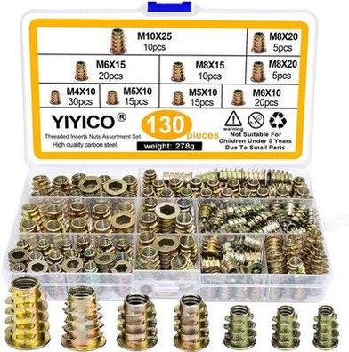 YIYICO 130x Gewindeeinsatz Holz Einschraubmutter Einschraubmuffe M4 M5 M6 M8 M10
