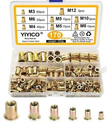 YIYICO 170x Nietmuttern Blindnietmuttern Einnietmuttern M3 M4 M5 M6 M8 M10 M12