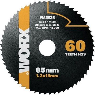 WORX WA5036 HSS Sägeblatt 85 mm - 60 Zähne - 85mm (Durchmesser) x 1,2mm x 15mm