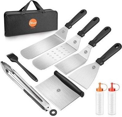 Huolewa Grillspachtel Set, Edelstahl 9 tlg Flat-Top-Grillbesteck Set, Profi BBQ