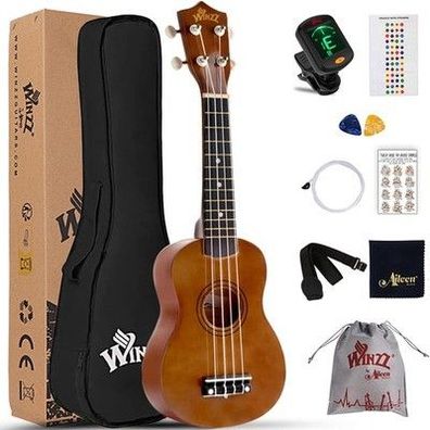 Winzz Sopran Ukulele Starter Kit für Anfänger, mit Tasche, Clip-On Tuner, braun
