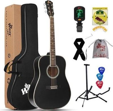 Winzz Schwarz Akustikgitarren 4/4, Anfänger Gitarren 41 Zoll + Gitarrenkoffer