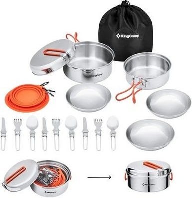 KingCamp Camping Geschirr Set 2-4 Personen, Outdoor Kochgeschirr aus Edelstahl