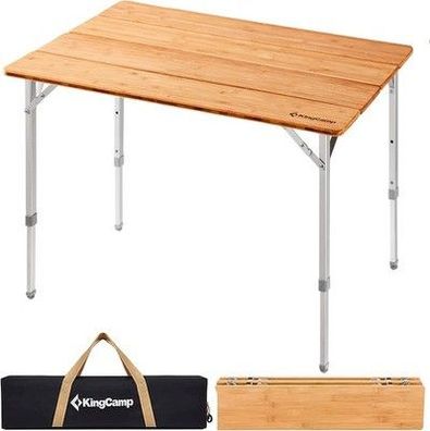 KingCamp Bambus Camping-Tisch Klapptisch Verstellbar (65T x 100B x 65H cm)