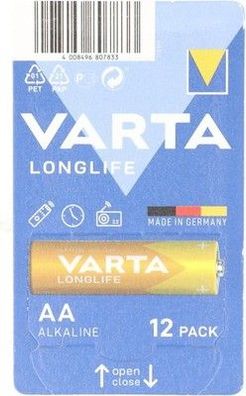 VARTA Batterien AA, 12 Stück, Longlife, Alkaline, 1,5V, Made in Germany