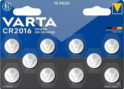 VARTA Batterien Knopfzellen CR2016, 10 Stück, Power on Demand, Lithium, 3V