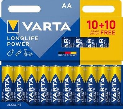 VARTA Batterien AA, 20 Stück, Longlife Power, Alkaline, 1,5V, Made in Germany