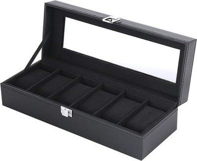 Uhrenbox mit 6 Fächern Uhrenkasten Aufbewahrungsbox mit Glasdeckel 30X11.2X8 cm