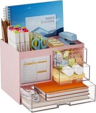 Marbrasse Schreibtisch Organizer, 3 Schubladen, Stifthalter mit 4 Fächern - Rosa