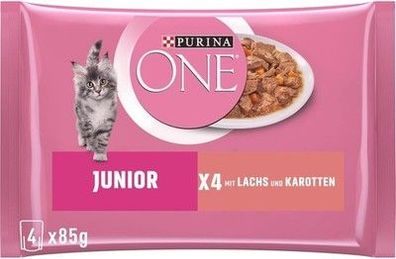 PURINA ONE Junior Katzenfutter nass, mit Lachs und Karotten, 12 x 4 Beutel à 85g