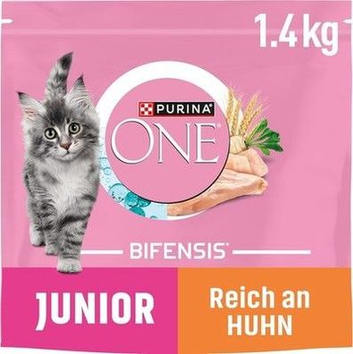 PURINA ONE Bifensis JUNIOR 1–12 Katzenfutter Kitten trocken, Huhn, 6 x 1,4kg