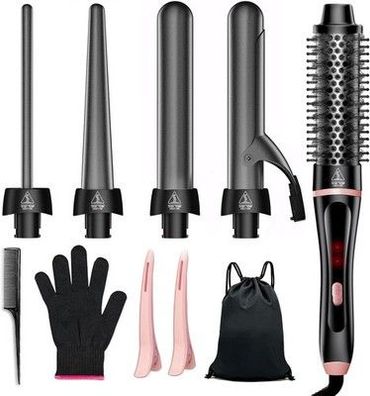 5 in 1 Lockenstab, Schnellaufheizende Thermischer Bürste mit 4 Keramik Barrels