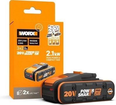 WORX WA3646 PowerShare Pro Plus Akku 20V, 4 Ah, leicht kompakt 360° Zellenschutz