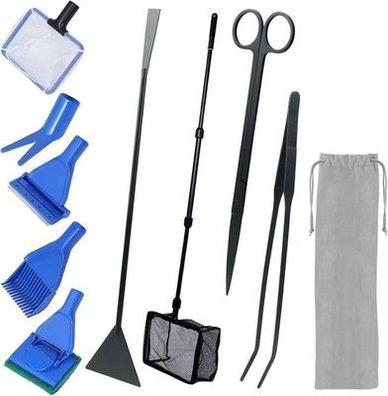 9-in-1 Aquarium-Reinigungswerkzeug-Set, Fischnetz, Kiesrechen, Pflanzengabel