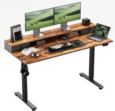 Klicelor Höhenverstellbarer Schreibtisch mit Doppelschubladen 120 x 60 cm, Braun