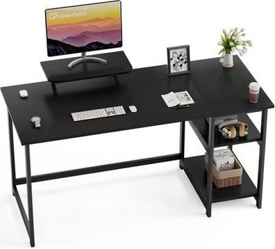 GreenForest Schreibtisch 140cm, mit Stauraum und Monitorständer, in schwarz