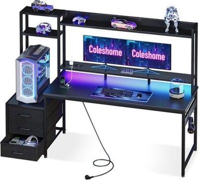 Coleshome Gaming Tisch mit Regal und Schubladen 161×48cm Gaming Schreibtisch mit