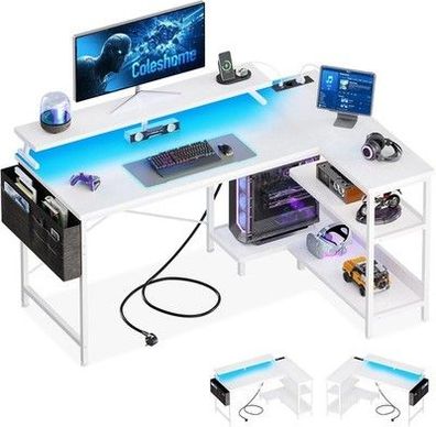 Coleshome Gaming Tisch L Form mit LED&Steckdosen, 120x80cm Eckschreibtisch Weiß