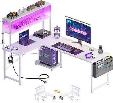 Coleshome Gaming Tisch L Form mit LED & Steckdosen, 155 × 100 cm Schreibtisch