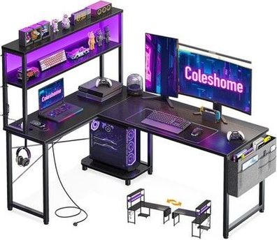 Coleshome Gaming Eck-Tisch L Form mit LED & Steckdosen, 135 × 100 cm, Schwarz