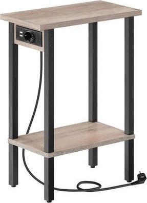 HOOBRO Schmaler Beistelltisch mit 2 Ebenen, Sofatisch mit Ladestation, Schwarz