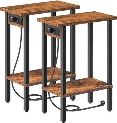 HOOBRO Schmale Beistelltische 2 Ebenen 2er-Set Sofatische mit Ladestation, Braun