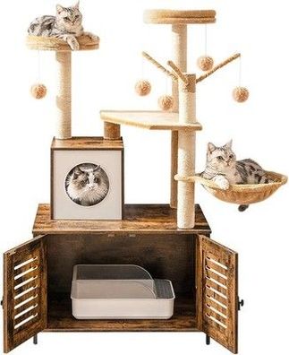 HOOBRO Kratzbaum mit Katzenklo Schrank, Katzenbaum-Turm, All-in-One-Katzenmöbel