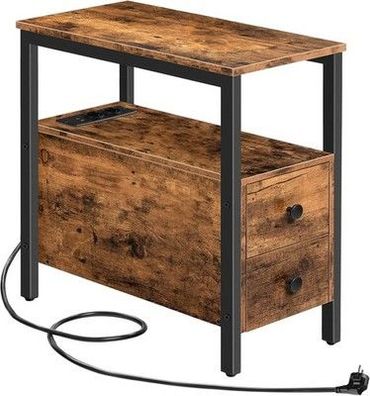 HOOBRO Beistelltisch mit Ladestation, Sofatisch mit 2 Schubladen, Dunkelbraun
