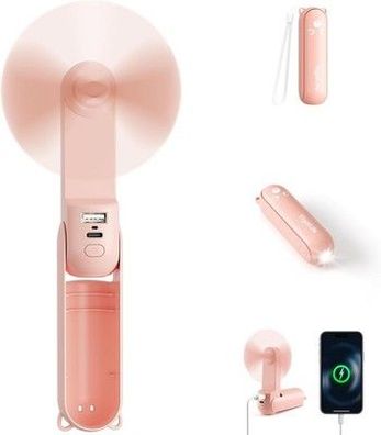 Mini-Handventilator, per USB wiederaufladbar, 3-in-1 mit LED-Taschenlampe, Rosa