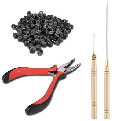 4 in 1 Haarverlängerung Werkzeug, Extensions Set mit 200 Stück Microringe, Braun