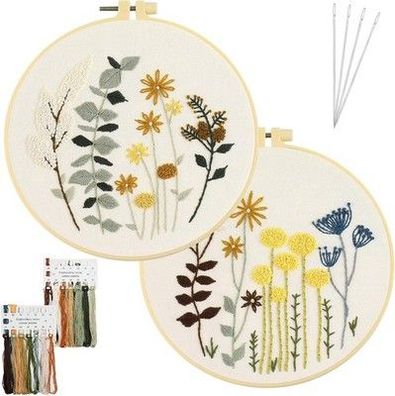 AUAUY Stickset für Anfänger, Blumenmuster Pflanzen Sticken Set Erwachsene DIY