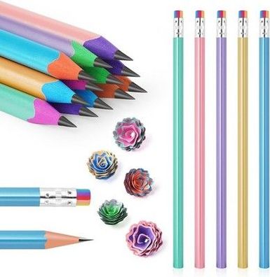 AUAUY Regenbogen-Radiergummi Bleistifte Set, 12er Pack, Mehrfarbig, HB, Holz