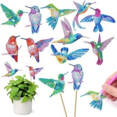 AUAUY 10 Stück Diamond Painting Kolibri Sets, Gartenstecker Diamond Painting