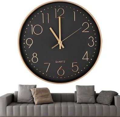Chedin 30cm Modern Rund Wanduhr Ohne Tickgeräusche, Kinder, Lautlos Gold/Schwarz