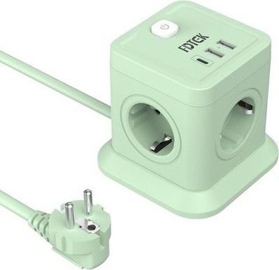 FDTEK Grün Steckdosenwürfel 1 USB-C & 2 USB-A 7-in-1 Steckdosenleiste 1,8m Kabel
